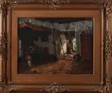 H. v. Leeuwen, stalinterieur, Henk van Leeuwen (van Oudewater) boereninterieur met boerin, schouw en lopende kippen olieverf op linnen 43x32cm Cond:G