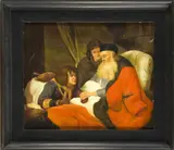 Ongesigneerd schilderij, 20e eeuw, Ongesigneerd 20e eeuw familie bij sterfbed, olieverf op paneel 48x40cm Cond:G