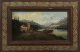Schild & Boot op een meer, 19e eeuw, Guido Hampe Duitse school 1839-1902 haven met figuren in de bergen, olieverf op paneel 41x22cm Cond:G