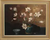 Schilderij v.d. Berg, magnolia's, J, van de Berg omstreeks 1940, magnolia's op gemberpot en Chinese kom 60x70cm olieverf op linnen Cond:G