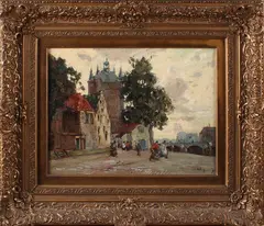 H.C. Bogman, Zierikzee, H.C.C Bogman Den Haag 1861-1921 stadsgezicht Zierikzee met figuren olieverf op linnen 41x31cm Cond:G