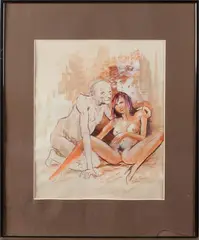 Ongesigneerd schilderij, erotica, Ongesigneerd 2e helft 20e eeuw jonge dame met oudere man, naakt gemengde techniek op papier 33x27cm Cond:G