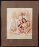 Ongesigneerd schilderij, erotica, Ongesigneerd 2e helft 20e eeuw jonge dame met oudere man, naakt gemengde techniek op papier 33x27cm Cond:G