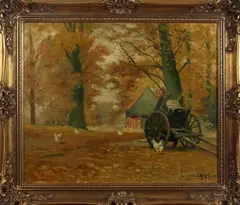 kippen bij schuur by Schilderij G. Krol, Gerard Krol Enschede 1882-1950 bosgezicht met boerenschuur, kippen en paardenkar, olieverf op linnen 51x60 cm Cond:G, offered Jan 2016
