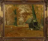 Schilderij G. Krol, kippen bij schuur, Gerard Krol Enschede 1882-1950 bosgezicht met boerenschuur, kippen en paardenkar, olieverf op linnen 51x60 cm Cond:G