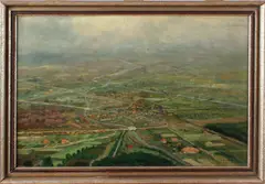 stadsgezicht Enschede by Schilderij G. Krol, Gerard Krol 1882-1950 Enschede, titel: op 500meter hoogte sportvliegtuig juni 1936, olieverf op paneel 52x35cm Cond:G, offered Jan 2016