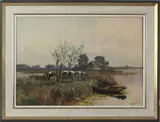 Schilderij L. Wijts, koeien, Onduidelijks gesigneerd omstreeks 1930, poldergezicht met koeien, olieverf op linnen Cond:G 50x70cm