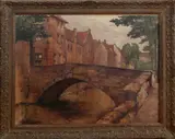 Schilderij Anthony Keizer, brug over stadsgezicht, Anthony Keizer 1897-1961, de Groenkaai Brugge België, olieverf op linnen 70x90 Cond:G
