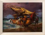 R. Hadi, vissersboot, Hadi Indonesische school, Indonesische vissers op strand olieverf op linnen 76x55cm