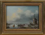 Schilderij H. van Dijk, winter, H. van Dijk 20e eeuw Hollandse ijspret, olieverf op paneel 18x13 Cond:G