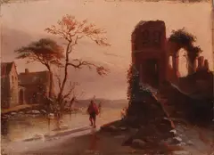 Paneel 19e eeuw, Hollandse School, winter, Ongesigneerd 19e eeuw schaatser bij ruïne bij avond, olieverf op paneel 21x28cm Cond:G