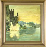 Schilderij W. Kirk, Dusseldorf, W Kirk? Düsseldorf bergmeer met gebouwen, olieverf op linnen 60x60cm Cond:G