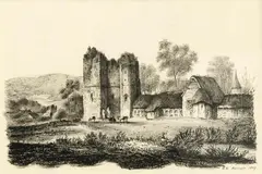 2x Litho, 19e eeuw, Twee 19e eeuwse Engelse tekeningen , Kirkstal Abbey 1828 en EG Harrogate 1824 steendruk op papier Cond:G 21x14cm