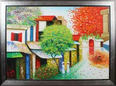 Groot schilderij, figuren in dorp, Ongesigneerd modern dorpsgezicht met bloesemdecor en figuren, olieverf op linnen 120x86cm Cond:G