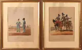 Twee 19e eeuwse prenten, infanterie, Twee 19e eeuwse Duitse infanterie prenten, iets vergeeld 34x24cm Cond:R/G