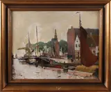 H. Visser, stadsgezicht, Visser omstreeks 1930 Hollands havengezicht met figuren olieverf op linnen (Hoorn) 60x64cm Cond:R