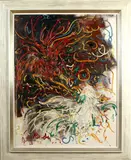 Indonesische School, 50-er jaren, Onduidelijk gesigneerd Indonesische school omstreeks 1970 twee vechtende hanen olieverf op linnen 90x70cm Cond:G