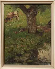 Schilderij Stutterheim, kalfje bij boom, Louis Stutterheim, Rotterdam 1873-1943, kalf bij boom aan het water, olieverf op paneel 27x21cm Cond:G