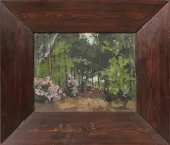 Schilderij Stutterheim, bosgezicht, Louis Stutterheim, Rotterdam 1873-1943, boslaan met rhodondendorons, olieverf op paneel, 37x29cm Cond:G