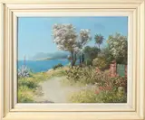 D. Been, "vue de St. Tropez", Daniel Been 1885-1976, mediterranees landschap met cactussen, palmen en zee, olieverf op linnen 50x40cm Cond:R
