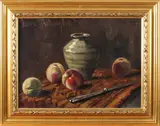 M. v. Waning, silleven, M.van Waning stevels 1874-1943, stilleven met abrikozen, mes en vaas 30x40cm olieverf op paneel