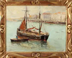 Félix Lecomte, haven, Lecomte zeilboot in Franse haven, olieverf op linnen 45x35cm Cond:G