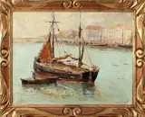 Félix Lecomte, haven, Lecomte zeilboot in Franse haven, olieverf op linnen 45x35cm Cond:G