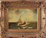Schilderij Bitner, boten op zee, Bittner omstreeks 1880 Duitse school , schepen en roeiboot met figuren op zee, olieverf op paneel 19,5x14,5cm Cond:G