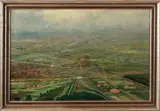 Schilderij G. Krol, stadsgezicht Enschede, Gerard Krol 1882-1950 Enschede, titel: op 500meter hoogte sportvliegtuig juni 1936, olieverf op paneel 52x35cm Cond:G