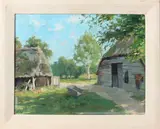 Adriaan Miolee, boerderij bij Vierhouten, Adriaan Miolee 1897-1961boerenschuren met kruiwagen, olieverf op paneel 34x26cm Cond:G