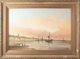 John Henry Parker, zeilboten op meer, Parker 2e helft 20e eeuw, zeilboten een de kust bij avondlicht, olieverf op paneel 90x60cm Cond:G