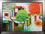 Groot schilderij, figuren in dorp, Ongesigneerd modern dorpsgezicht met bloesemdecor en figuren, olieverf op linnen 120x86cm Cond:G