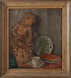 E.V. Hooylandt, stilleven met beeldje, E.V Hooylandt 1944 stilleven met putti en antiek porselein, olieverf op linnen 50x60cm Cond:R