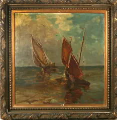 Groot schilderij, boten, Victor de Buck (1855 - 1914 Belgische School), olieverf op linnen, zeilboten op zee 100x95cm