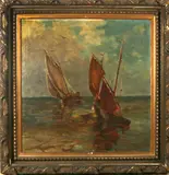Groot schilderij, boten, Victor de Buck (1855 - 1914 Belgische School), olieverf op linnen, zeilboten op zee 100x95cm