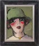 Jean Léon, dame met hoed, Jean Leon Belgische school vrouw met hoed, olieverf op paneel 24x30cm Cond:G