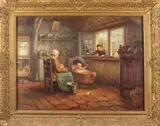H. van Straten, interieur, H.van Straaten omstreeks 1920, boereninterieur met boerenfamilie, olieverf op linnen