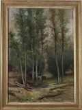 P.A. Schipparus, aquarel, P.A Schipparus 1840-1929, houthakkers met paardenkar in bos, aquarel op papier