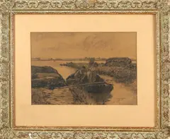 Houtskool tekening, Bongers, Bongers 1866-1949 rietsnijders in punter, hutskool op papier 36x26 Cond:G