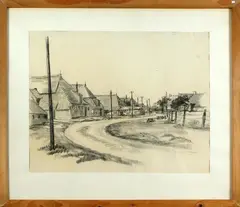Houtskool tekening, P. Loo, Pit van Loo 1905-1993, Drents dorpsgezicht houtskool op papier Cond:R/G