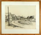 Houtskool tekening, P. Loo, Pit van Loo 1905-1993, Drents dorpsgezicht houtskool op papier Cond:R/G