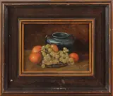 P.J. van Berkel, druiven, P.J van Berkel 2e helft 20e eeuw stilleven met fruit, olieverf op paneel 18x13cm Cond:G