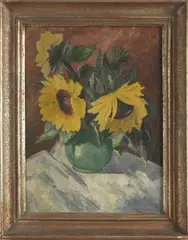 Dieter Sommer, stilleven, Dieter Sommer, Duitse school, vaas met zonnebloemen, olieverf op paneel
