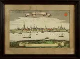 Antieke gravure, Dusseldorf, Antieke gravure van Düsseldorf met rivier de Rijn, gravure op papier 32x21 cm Cond:G