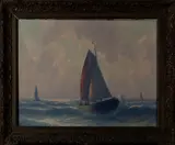 Henk Dekker, schepen op zee, Henk Dekker ( 1897 - 1974 Den Haag), olieverf op linnen, zeilboot op zee 60x80cm Cond:G