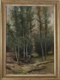 P.A. Schipparus, aquarel, P.A Schipparus 1840-1929, houthakkers met paardenkar in bos, aquarel op papier
