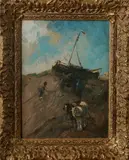 W. de Zwart, Katwijk, Willem de Zwart (1862 -1931) Strandjutters bij bomschuit, olieverf op paneel