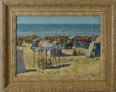 C. Koppenol, strand, Koppenol, 2e helft 20e eeuw, strandgezicht met vele figuren, olieverf op paneel 40x55cm Cond:G