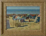 C. Koppenol, strand, Koppenol, 2e helft 20e eeuw, strandgezicht met vele figuren, olieverf op paneel 40x55cm Cond:G