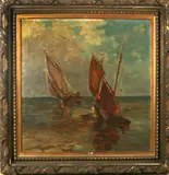 Groot schilderij, boten, Victor de Buck (1855 - 1914 Belgische School), olieverf op linnen, zeilboten op zee 100x95cm